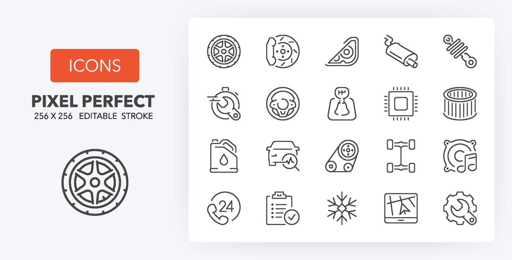 Ensemble d'icônes automobiles linéaires sur fond clair présentant des éléments mécaniques et services garage : roue avec jante étoilée, disques de frein, phare triangulaire, échappement, amortisseur, volant, mécanicien, processeur électronique, filtre cylindrique, bidon huile moteur, diagnostic véhicule, courroie distribution, service 24h/24, checklist maintenance, bougie allumage, logiciel automobile, réparation outillage