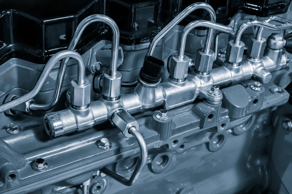 Atelier mécanique automobile intérieur avec moteur diesel en cours de maintenance