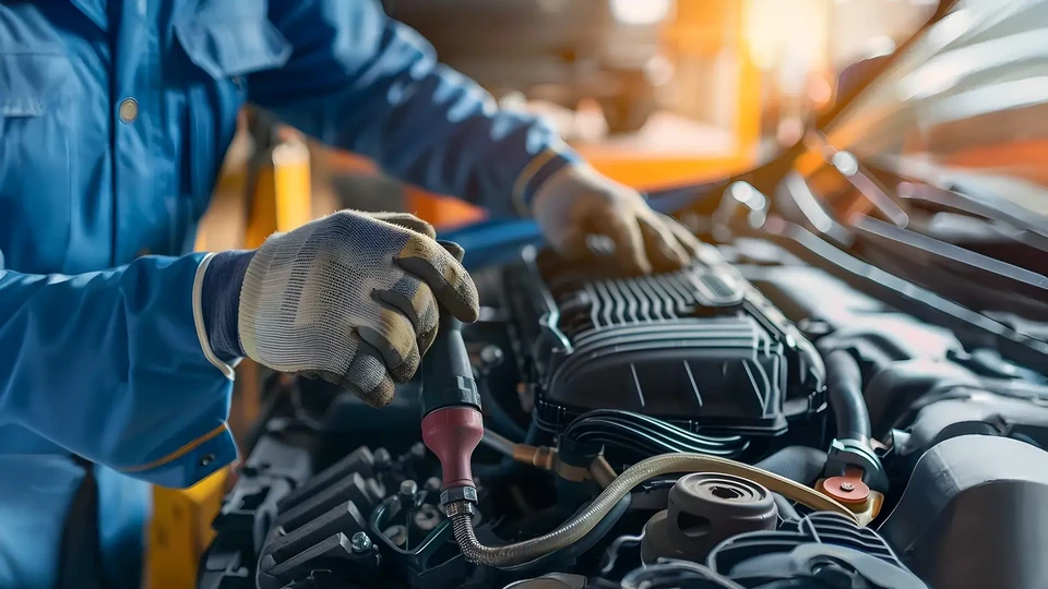 Atelier mécanique automobile, mécanicien en gants noirs utilisant une clé dynamométrique sur un moteur de véhicule