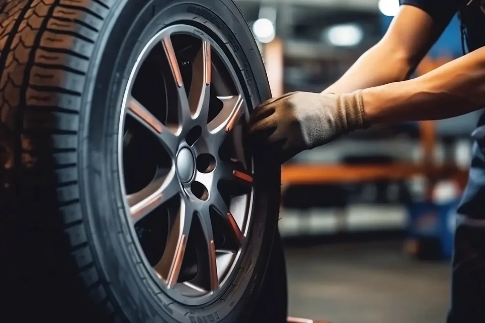 Gros plan artistique sur un pneu automobile neuf avec profil de bande de roulement détaillé, photographié sur fond noir avec éclairage dramatique latéral créant des contrastes marqués
